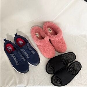 Skechers Women’s Size 9, Dearfoams Size Large, Health Sandal Size Large.